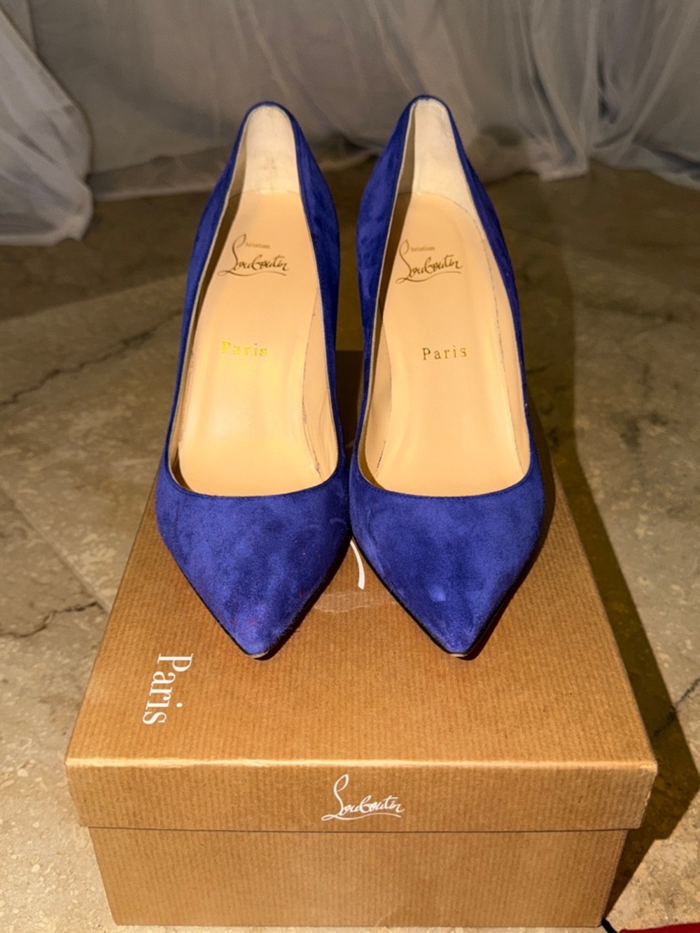 Christian Louboutin Pigalle Follies 85mm 37.5 Blue Suede + Box & Extra Heel Taps - Picture 15 of 16